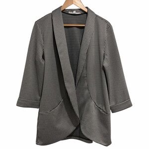 Pepper & Zoe Women's Black Grey Houndstooth Open Front Blazer Pockets 3/4 Sleeve